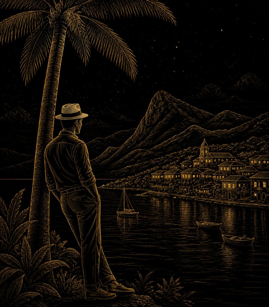 Gold engraving of a man in a hat leaning on a palm tree, gazing over a coastal village at night.